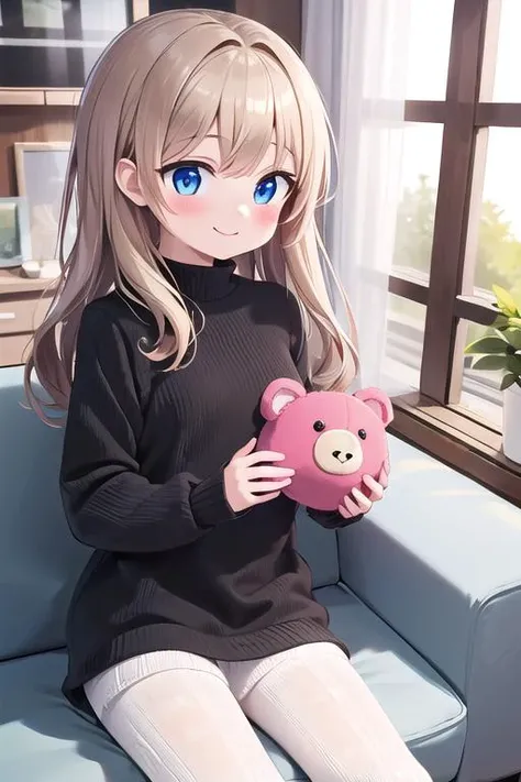 best quality, masterpiece,ultra detail, 1girl,(cktights:1.4), <lora:cabletights-Lite:0.8>,sofa,indoor,stuffed toy,blush,shy,(petite),smile,window,