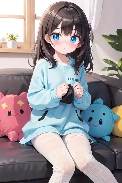 (masterpiece, Highest quality:1.2), Brown Hair,Shortcuts,Messy Hair,Slender beauty,A dignified posture,Small chest,Beautiful feet,Her captivating grey-blue eyes shine like stars,
hoodieを着てソファに座っているアニメの,Large sofa,1 person, alone,hoodie、sitting on cushion