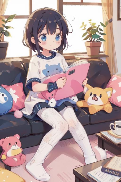 Anime girl sitting on a couch reading a book with stuffed animals ...