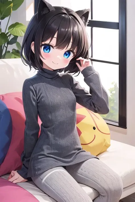 best quality, masterpiece,ultra detail, 1girl,(cktights:1.4), <lora:cabletights-Lite:0.8>,sofa,indoor,stuffed toy,blush,shy,(petite),smile,window,