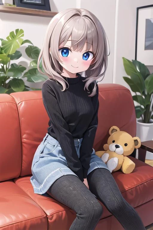 1girl, solo, ((best quality, masterpiece)), (cktights:1.4), <lora:cabletights-Lite:0.8>,sofa,indoor,stuffed toy,blush,shy,,smile