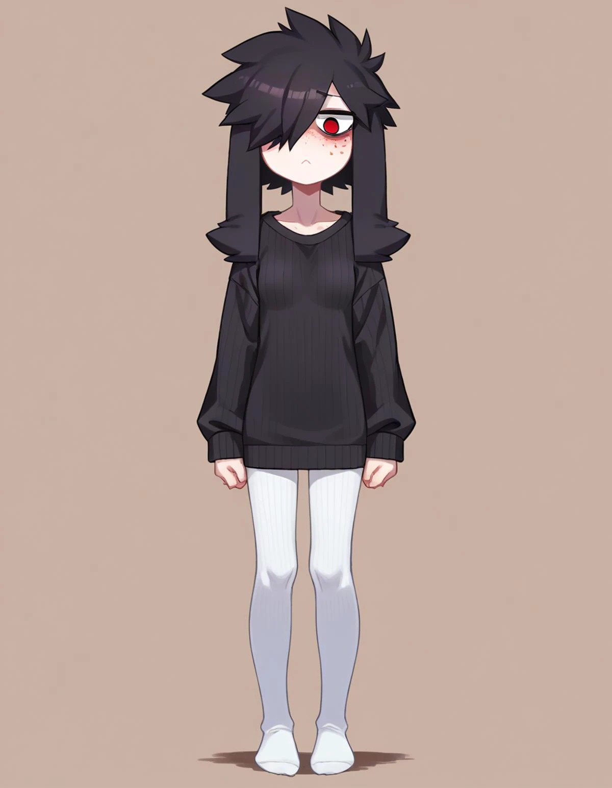 zPDXL, score_9, score_8_up, score_7_up, source_anime, 1girl, solo,
<lora:Cotton_v2:0.8> ribbed tights, white legwear, no shoes, black sweater,, <lora:Furfrou_v2:0.8> furfrou, (dog ears, dog tail, dog girl), black fur, white skin, red eyes, jitome, bags under eyes, small breasts, freckles, hair over one eye, body freckles, half-closed eyes