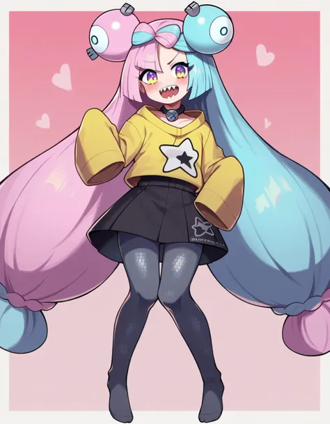 zPDXL, score_9, score_8_up, score_7_up, source_anime, 1girl, solo, 
<lora:Cotton_v2:0.8> cotton tights, black legwear, no shoes, Pokemon, Iono, long hair, blue hair, pink hair, two-tone hair, sharp teeth, sweater,