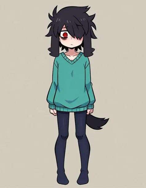 zPDXL, score_9, score_8_up, score_7_up, source_anime, 1girl, solo,
<lora:Cotton_v2:0.8> knit tights, cyan legwear, no shoes, <lora:Fuwa:1> fuwaxl, fuwa, dog ears, black hair, red eyes, jitome, bags under eyes, freckles, :<, pale skin, hair over one eye, flat chest, tall female, skinny, dog tail, messy hair, black ears, sweater,