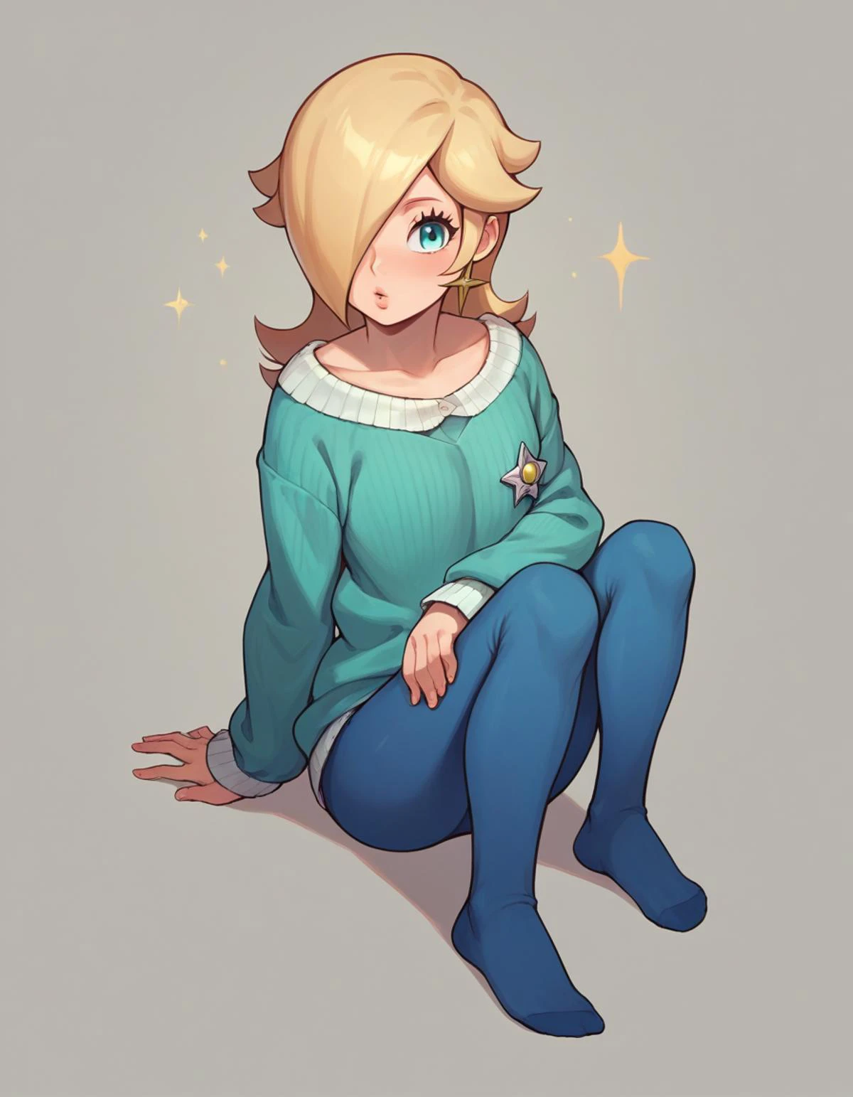 zPDXL, score_9, score_8_up, score_7_up, source_anime, 1girl, solo,
<lora:Cotton_v2:0.8> ribbed tights, blue legwear, no shoes, Rosalina, medium hair, blonde hair, sweater,