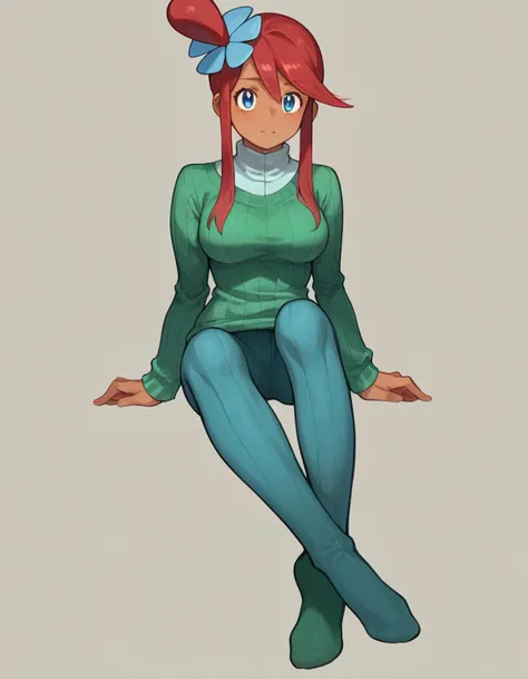 zPDXL, score_9, score_8_up, score_7_up, source_anime, 1girl, solo, 
<lora:Cotton_v2:0.8> ribbed tights, green legwear, no shoes, Pokemon, Skyla, red hair, sidelocks, medium breasts, sweater,