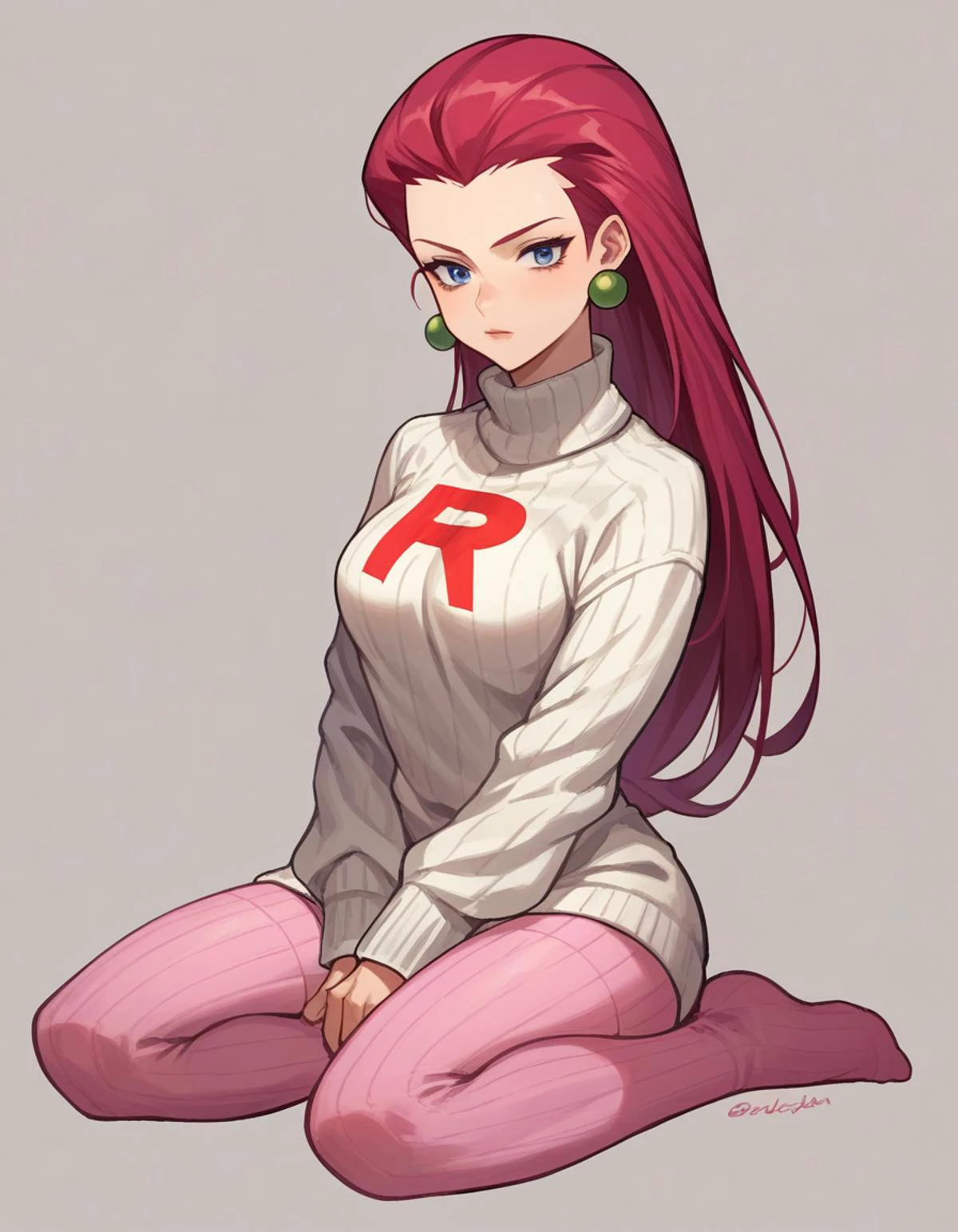 zPDXL, score_9, score_8_up, score_7_up, source_anime, 1girl, solo,
<lora:Cotton_v2:0.8> knit tights, pink legwear, no shoes, Pokemon, Jessie, long hair, red hair, hair slicked back, medium breasts, sweater,