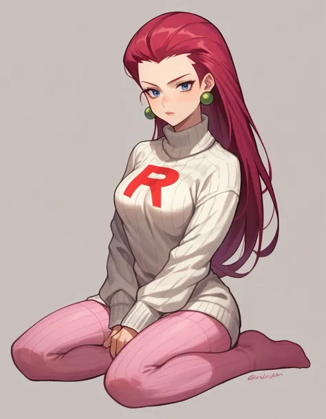 zPDXL, score_9, score_8_up, score_7_up, source_anime, 1girl, solo, 
<lora:Cotton_v2:0.8> knit tights, pink legwear, no shoes, Pokemon, Jessie, long hair, red hair, hair slicked back, medium breasts, sweater,