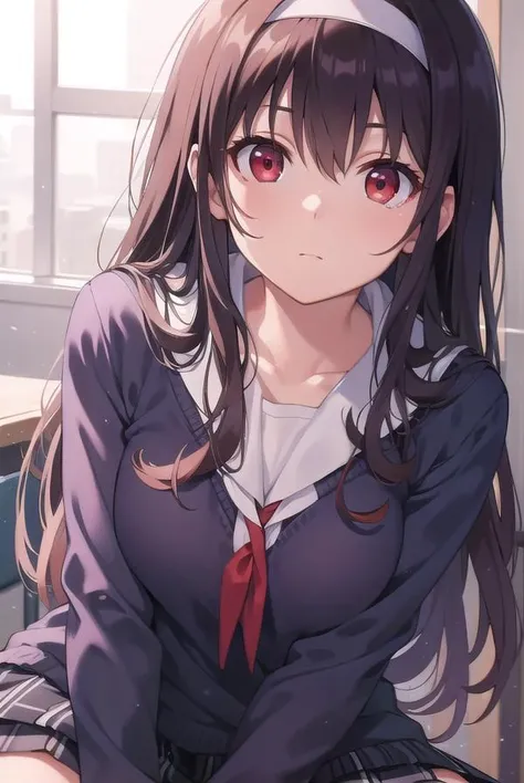 kasumigaokautaha, <lora:utahakasumigaokatest:1>,
utaha kasumigaoka, black hair, hairband, long hair, (red eyes:1.5),
BREAK long sleeves, school uniform, skirt, pantyhose,
BREAK looking at viewer,
BREAK indoors, classroom,
BREAK <lora:GoodHands-vanilla:1>, (masterpiece:1.2), best quality, high resolution, unity 8k wallpaper, (illustration:0.8), (beautiful detailed eyes:1.6), extremely detailed face, perfect lighting, extremely detailed CG, (perfect hands, perfect anatomy),