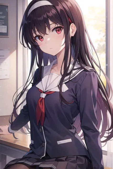 kasumigaokautaha, <lora:utahakasumigaokatest:1>,
utaha kasumigaoka, black hair, hairband, long hair, (red eyes:1.5),
BREAK long sleeves, school uniform, skirt, pantyhose,
BREAK looking at viewer,
BREAK indoors, classroom,
BREAK <lora:GoodHands-vanilla:1>, (masterpiece:1.2), best quality, high resolution, unity 8k wallpaper, (illustration:0.8), (beautiful detailed eyes:1.6), extremely detailed face, perfect lighting, extremely detailed CG, (perfect hands, perfect anatomy),