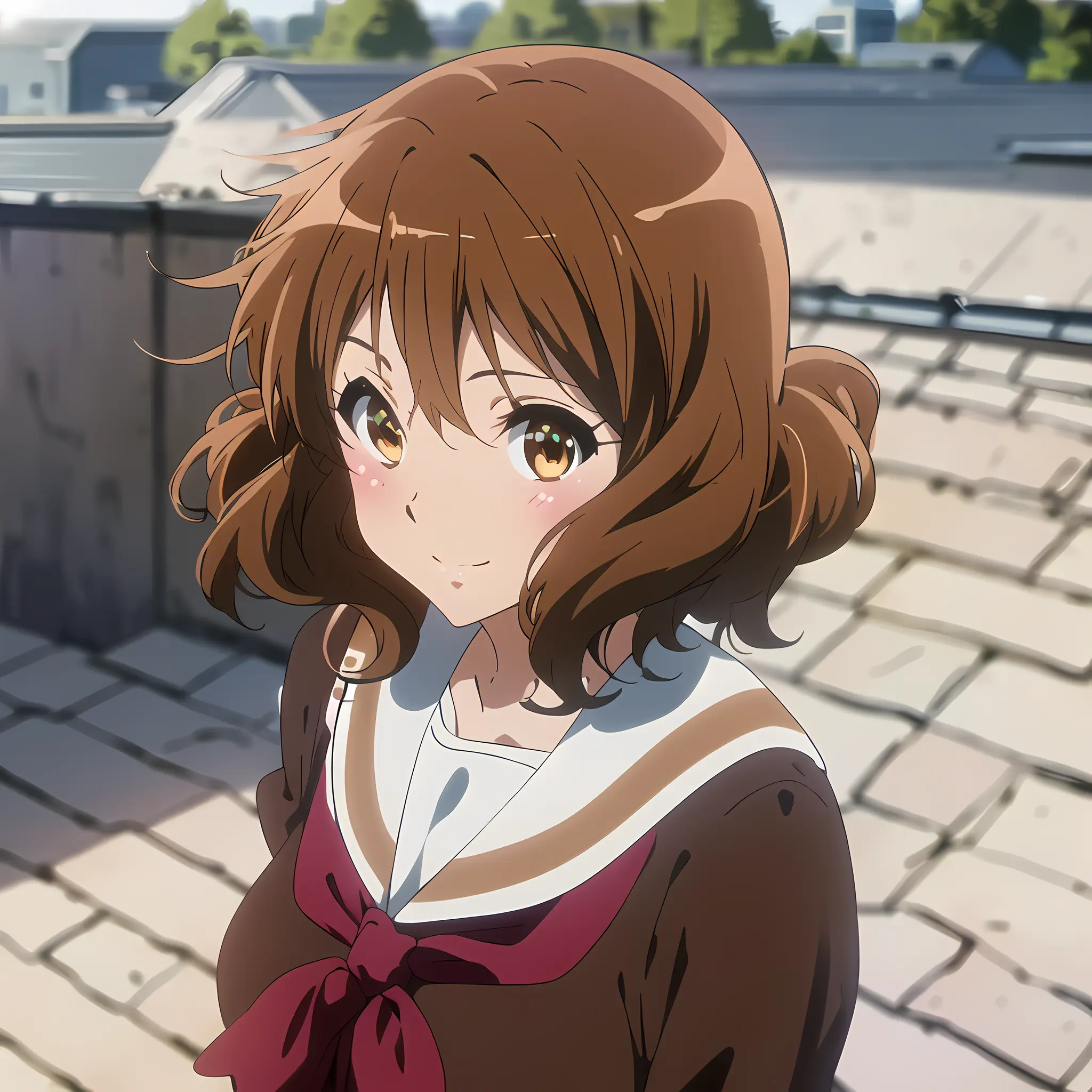 high quality, best quality, masterpiece, absurdres, kumiko oumae, winter uniform, 1girl, <lora:euphonium:0.75>, looking_at_viewer, smile, blush, (full_body), rooftop