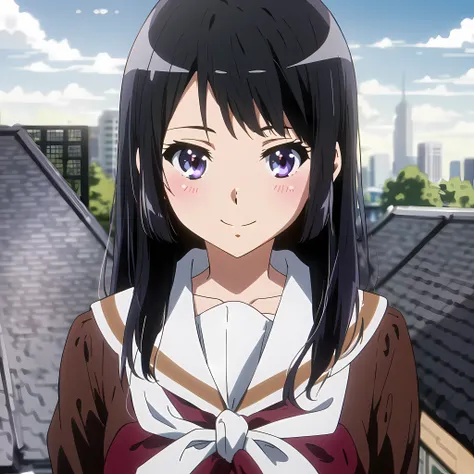 high quality, best quality, masterpiece, absurdres, reina kousaka, winter uniform, 1girl, <lora:euphonium:0.75>, looking_at_viewer, smile, blush, (full_body), rooftop