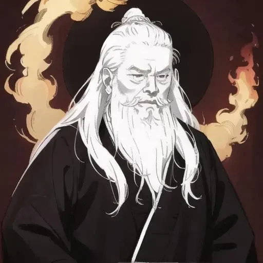 masterpiece, traditional_media, best quality,extremely detailed CG ,anime, Mysterious Atmosphere, best quality, <lora:fengshen_v1.0-000008:0.7>,horror \(theme\), long beard, 1 boy, portrait, old, solo, very long beard, ribbon, smoke, jewelry,fire, parody, dark red background, long sleeves,male focus,mustache,robe,floating hair,greyscale, <lora:Chinese_Long_Beard_v2-000002:0.5>,daoist,simple background,chinese clothes