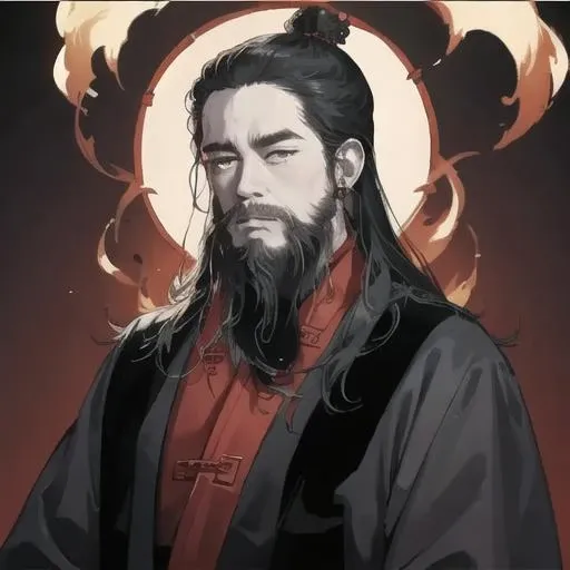 masterpiece, traditional_media, best quality,extremely detailed CG ,anime, Mysterious Atmosphere, best quality, <lora:fengshen_v1.0-000008:0.6>,horror \(theme\), long beard, 1 boy, portrait,  old, solo, very long beard, ribbon,  smoke, jewelry,fire, parody, dark red background,  long sleeves,male focus,mustache,robe,floating hair,greyscale,  <lora:Chinese_Long_Beard_v2-000002:0.5>,daoist,simple background,chinese clothes
