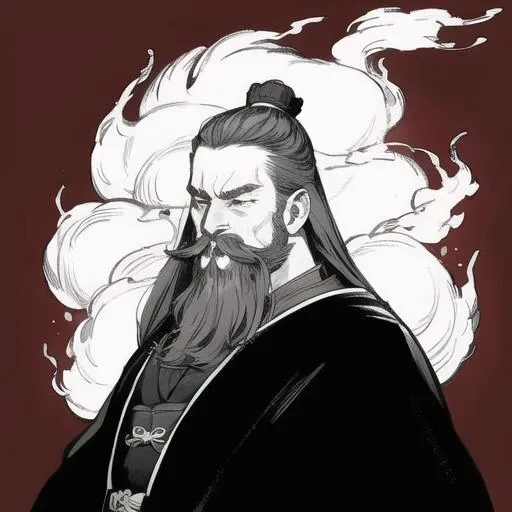 masterpiece, traditional_media, best quality,extremely detailed CG ,anime, Mysterious Atmosphere, best quality, <lora:fengshen_v1.0-000008:0.65>,horror \(theme\), long beard, 1 boy, portrait, old, solo, very long beard, ribbon, smoke, jewelry,fire, parody, dark red background, long sleeves,male focus,mustache,robe,floating hair,greyscale, daoist,simple background,chinese clothes