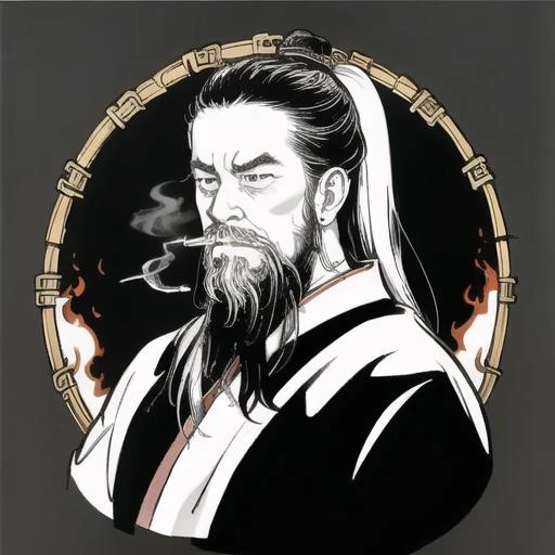 masterpiece, traditional_media, best quality,extremely detailed CG ,anime, Mysterious Atmosphere, best quality, <lora:fengshen_v1.0-000008:0.8>,horror \(theme\), long beard, 1 boy, portrait,  old, solo, very long beard, ribbon,  smoke, jewelry,fire, parody, dark red background,  long sleeves,male focus,mustache,robe,floating hair,greyscale,  <lora:Chinese_Long_Beard_v2-000002:0.5>,daoist,simple background,chinese clothes