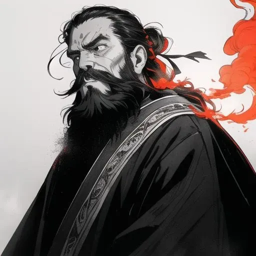 masterpiece, traditional_media, best quality, [realistic], extremely detailed CG ,anime, Dark Fantasy, Intense Atmosphere, Mysterious Atmosphere, traditional_media, best quality, <lora:fengshen_v1.0-000008:0.4>,horror \(theme\), long beard, 1 boy, portrait,  old, solo, very long beard, ribbon, smoke, jewelry,fire, parody, dark red background, [dark-skinned male:0.5], long sleeves,male focus,mustache,robe,floating hair,greyscale