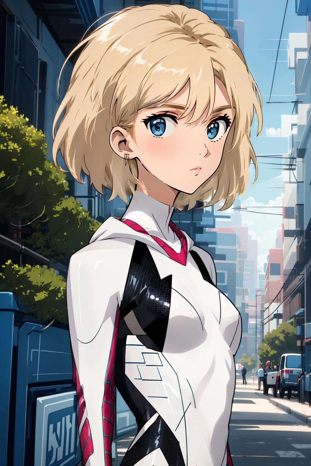 (masterpiece, best quality), intricate details,
1girl, <lora:gwen_1.5:0.8> gwen stacy, blonde hair , short hair, animification ,eyebrow piercing,spider-gwen suit , bodysuit , superhero