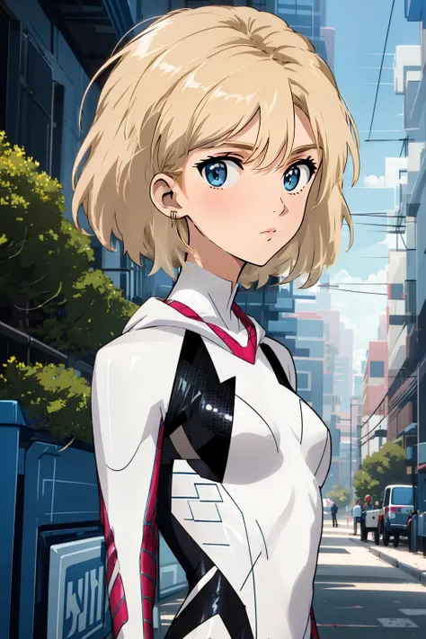 anime girl in a white and red outfit standing in a city