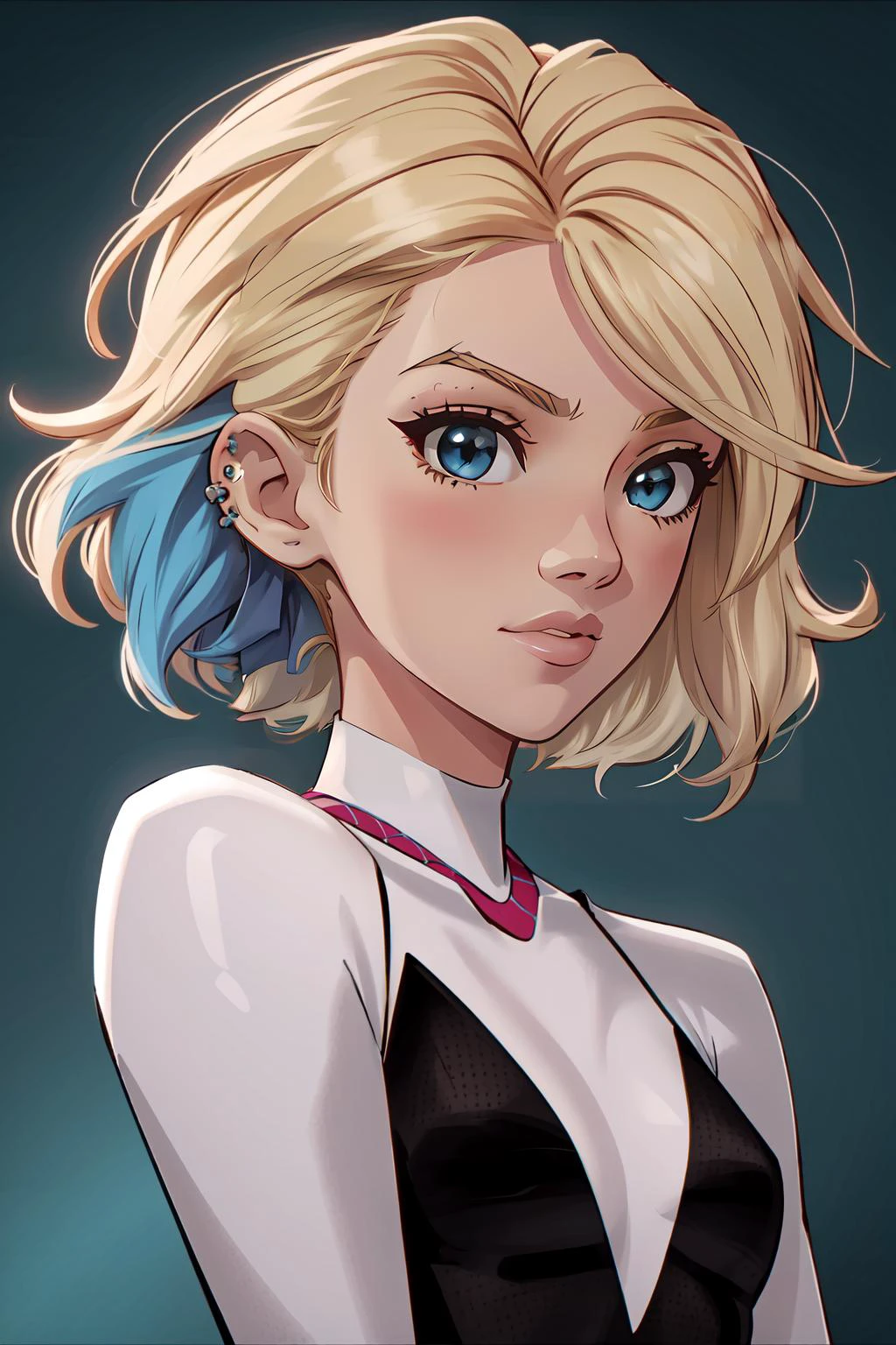 (masterpiece, best quality), intricate details,
1girl, <lora:gwen_1.5:0.8> gwen stacy, blonde hair , blue hair , short hair, animification ,eyebrow piercing
<lora:3DMM_V7:0.8> 3DMM,