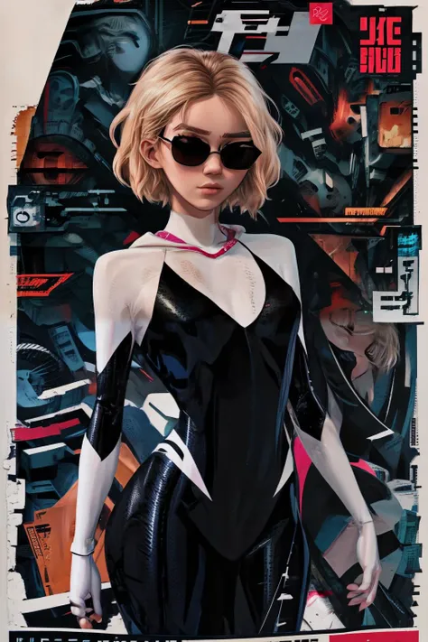 (masterpiece, hyper detailed, best quality:1.2), ((texts, lettering, poster)), bodysuit, gwen stacy , blonde hair , blue eyes, short hair, animification, eyebrow piercing, dynamic pose, dynamic angle, standing, arrogant face, sunglasses, <lora:gwen_1.5:0.75>