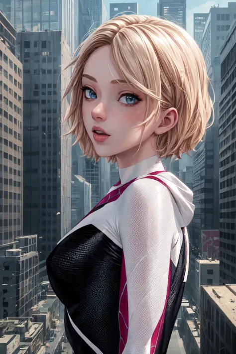 (masterpiece, top quality, best quality, official art, beautiful and aesthetic:1.2),highly detailed face,1girl,gwen_stacy, (portrait:1.3),<lora:gwen_1.5:0.6>, spider-gwen suit , bodysuit , superhero,(extremely detailed,highres, highest detailed,8k,absurdres,CG),cyberpunk city, <lora:add_detail:1>, happy