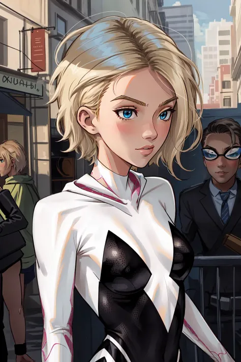 (masterpiece, best quality), intricate details,
1girl, <lora:gwen_1.5:0.8> gwen stacy, spider-gwen suit , bodysuit , superhero, blonde hair , blue hair , short hair, animification ,eyebrow piercing