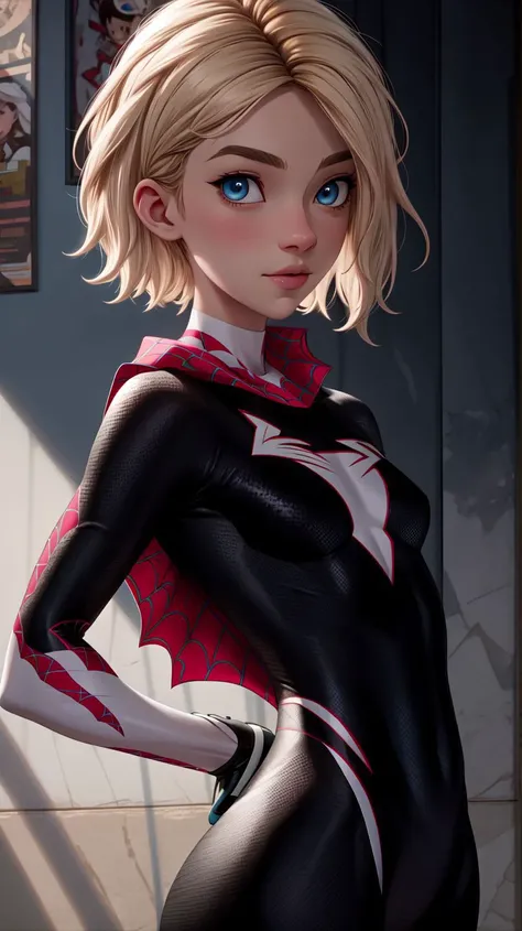 superhero gwen stacy,blonde hair,short hair,undercut,asymmetrical hair,blue eyes,best quality,masterpiece,spiderweb print,body suit,looking at viewer,extremely detailed eyes,4k,front view,<lora:gwen_1.5:0.7>,<lora:3DMM_V11:0.5>,<lora:add_detail:0.7>,