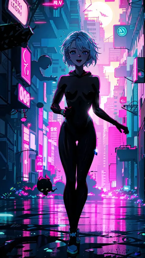 naked,(masterpiece:1.1),(top quality:1.1),(the best quality:1.1),(official art:1.1),(beautiful and aesthetic:1.2),highly detailed face,(gwen stacy:1.1),1girl,blonde hair,blue hair,short hair,animification,(extremely detailed:1.1),(highres:1.1),(highest detailed:1.1),(8k:1.1),(absurdres:1.1),(cg:1.1),happy,(neon light:1.1),(cyberpunk city:1.1),(night:1.1),(moonlight:1.3),nude,pussy,<lora:Silhouette:0.8>,silhouette,light particles,full body,walking,<lora:gwen_1.5:0.9>,