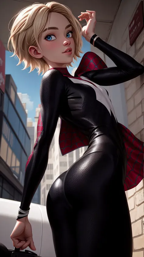 superhero gwen stacy,blonde hair,short hair,undercut,asymmetrical hair,blue eyes,best quality,masterpiece,spiderweb print,body suit,looking at viewer,extremely detailed eyes,4k,front view,<lora:gwen_1.5:0.7>,<lora:3DMM_V11:0.5>,<lora:add_detail:0.7>,