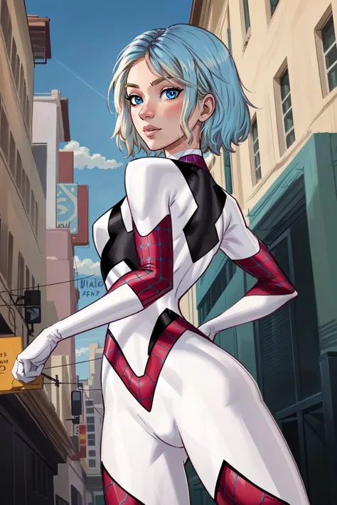 (masterpiece, best quality), intricate details,
1girl, <lora:gwen_1.5:0.8> gwen stacy, blonde hair , blue hair , short hair, animification ,eyebrow piercing,spider-gwen suit , bodysuit , superhero