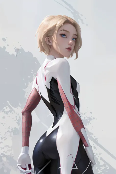 1girl ,solo,gwen stacy, blonde hair, short hair,undercut,animefication, asymmetrical hair, blue eyes, masterpiece, absurdres, best quality ,intricate details , spider-gwen suit , bodysuit , <lora:gwen_1.5:0.78>,white Ink style background,smoke background,