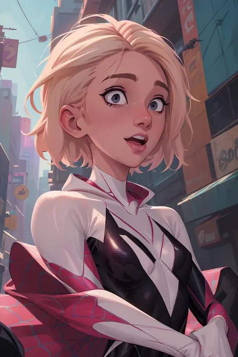 (masterpiece, top quality, best quality, official art, beautiful and aesthetic:1.2),highly detailed face,1girl,gwen_stacy, (portrait:1.3), spider-gwen suit , bodysuit , superhero,(extremely detailed,highres, highest detailed,8k,absurdres,CG),cyberpunk city, <lora:add_detail:0.3>, happy,<lora:gwen_1.5:0.7>,