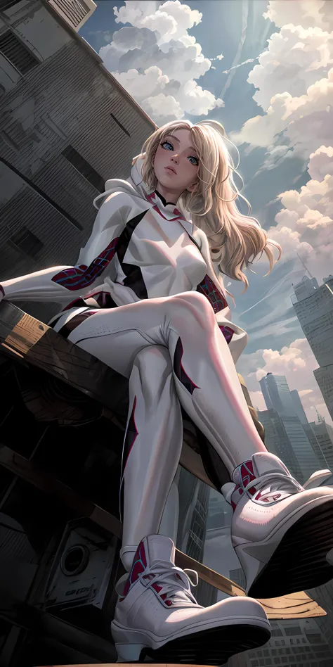 (masterpiece, top quality, best quality, official art, beautiful and aesthetic:1.2),highly detailed face,1girl,gwen_stacy,full body, (portrait:1.3),, spider-gwen suit , bodysuit , superhero,(extremely detailed,highres, highest detailed,8k,absurdres,CG),cyberpunk city, white sports shoes with red stripes, <lora:add_detail:1>, happy, <lora:gwen_1.5:0.9>, from below, sitting, crossed legs, cloud,city, skyscraper,looking at viewer, white ballet shoes with red stripes