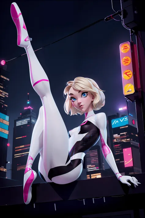 (best quality, masterpiece, perfect ligthing, bloom, cinematic lighting, looking at the camera), gwen stacy, ballet shoes, blue eyes, perfect eyes, detailed eyes, spider-gwen suit, bodysuit, superhero, (Neon Light,cyberpunk city,rooftop, night), <lora:3DMM_V11:0.9>, <lora:gwen_1.5:0.75>