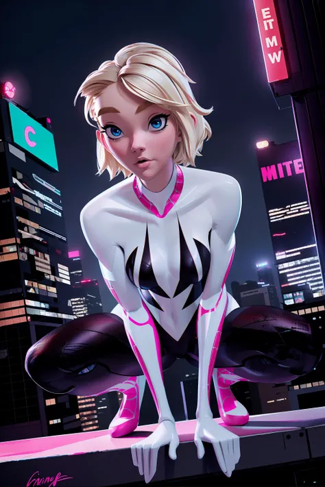 (best quality, masterpiece, perfect ligthing, bloom, cinematic lighting, looking at the camera), gwen stacy, ballet shoes, blue eyes, perfect eyes, detailed eyes, spider-gwen suit, bodysuit, superhero, (Neon Light,cyberpunk city,rooftop, night), <lora:3DMM_V11:0.9>, <lora:gwen_1.5:0.75>