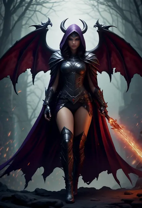 (medium full shot) of (desirable young woman:1.1) demon, italian with brown hair, green eyes, tan skin, curvy, wearing Dark purple armor with a hooded cloak, segmented breastplate, leather pants, thigh-high boots, and clawed gauntlets, helm adorned with glowing red eyes, Veil-like wings shrouded in a mist of darkness, clutching a tome bound in human skin and written in blood, scared at the viewer, she's brushing her hair with her fingers, .set in Cavernous Overlook, A network of narrow walkways winds around the edge of a massive lava-filled chasm, stalactites hanging precariously overhead, distant screams echoing from the depths . ,Masterpiece,best quality, photorealistic, amazing quality, very aesthetic, extremely detailed face,