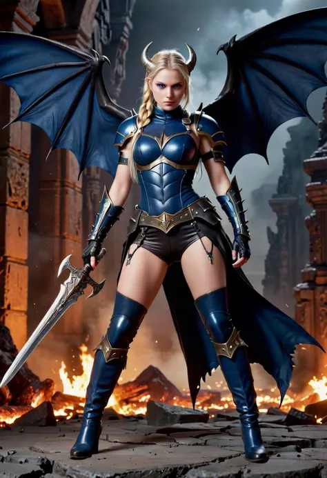 (medium full shot) of (lovely young woman:1.1) demon, swedish with blonde hair in a braid, blue eyes, fair skin, slender, wearing Deep blue armor set with a winged breastplate, leather pants, knee-high boots, spiked gauntlets, diabolical mask, leathery and formidable Bat-like wings,clutching a tome bound in human skin, .set in Abyssal Arena, Massive cavernous space with jagged rock formations jutting from the ground, lava bubbling ominously in the distance, ominous chanting echoing off the walls, gladiatorial rings surrounded by cheering demons, and the clash of weapons filling the air with tension , at night. Masterpiece,best quality, photorealistic, amazing quality, very aesthetic, extremely detailed face,