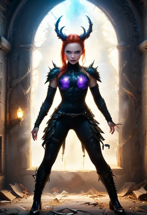 (medium full shot) of (sexy young woman:1.1) demon, glowing eyes, british with ginger cone hair bun, bright blue eyes, light skin, curvy, wearing Amethyst-colored armor with a bodice-style top, leather pants, knee-high boots, and spiked gauntlets, twisted crown of bones and decay, Onyx-black wings feathered with crimson streaks, brandishing a trident dripping with venom, angry at the viewer, she's making a kung fu pose, .set in Spectral Chapel, Dilapidated structure with broken stained glass windows, rotting pews covered in cobwebs, ghostly apparitions kneeling in prayer, and the faint sound of organ music echoing through the empty halls . ,Masterpiece,best quality, photorealistic, amazing quality, very aesthetic, extremely detailed face,