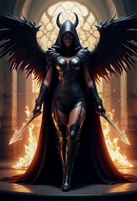(medium full shot) of (vivacious young woman:1.1) demon, black american with fringe hair, dark eyes, dark skin, curvy, wearing Ebony demon armor with a hooded cloak, segmented breastplate, leather pants, knee-high boots, and clawed gauntlets, diabolical mask contorted into a grotesque visage, Gleaming obsidian wings edged with ethereal flames, bearing a whip crackling with infernal power, scared at the viewer, she's making a (have to pee) pose, .set in Spectral Chapel, Dilapidated structure with broken stained glass windows, rotting pews covered in cobwebs, ghostly apparitions kneeling in prayer, and the faint sound of organ music echoing through the empty halls , at sunset. ,Masterpiece,best quality, photorealistic, amazing quality, very aesthetic, extremely detailed face,