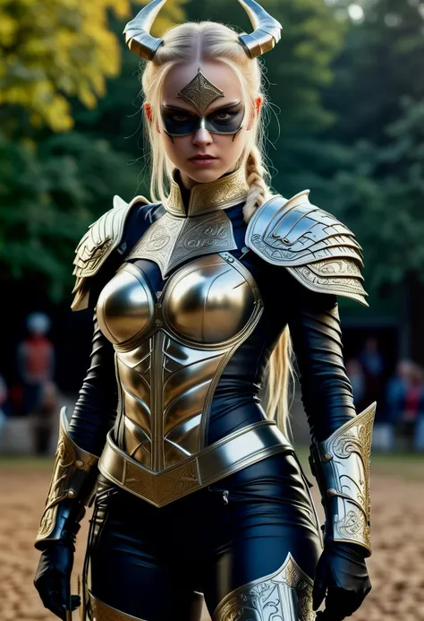 (medium full shot) of (supermodel young woman:1.1) demon, swedish with blonde hair in a braid, blue eyes, fair skin, slender, wearing Gilded demon armor with a plated bodice, metallic pants, knee-high boots, and clawed gauntlets, diabolical mask contorted into a grotesque visage, Razor-sharp wings resembling obsidian blades, carrying a sacrificial dagger engraved with infernal runes, angry at the viewer, her arms are crossed, .set in public park, Outdoor Theater, Secluded space with a stage, audience seating, projector screen, lighting rigs, and cozy blankets available for cooler evenings , at night. ,Masterpiece,best quality, photorealistic, amazing quality, very aesthetic, extremely detailed face,