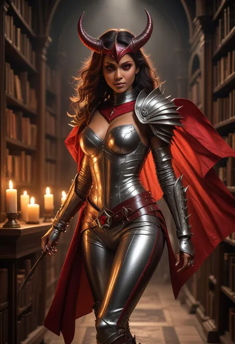 (medium full shot) of (vivacious demon) young woman, indian, brown eyes, darker skin tone, tan skin, glowing red eyes, lithe, medium red half-up half-down hair, wearing Metallic silver armor featuring a sleek breastplate, metallic pants, thigh-high boots, spiked pauldrons, flowing cloak, helm adorned with glowing red eyes, black glass wings shrouded in a mist of darkness, wielding a spiked heads flail, set in Library of Lost Souls, Shadowy labyrinth of towering bookshelves, ancient tomes bound in human skin, flickering candles illuminating dusty manuscripts, whispered secrets echoing through the aisles, and the scent of decaying parchment lingering in the air , at sunset, laughing, jumping in the air, Masterpiece,best quality, photorealistic, amazing quality, very aesthetic, extremely detailed face,