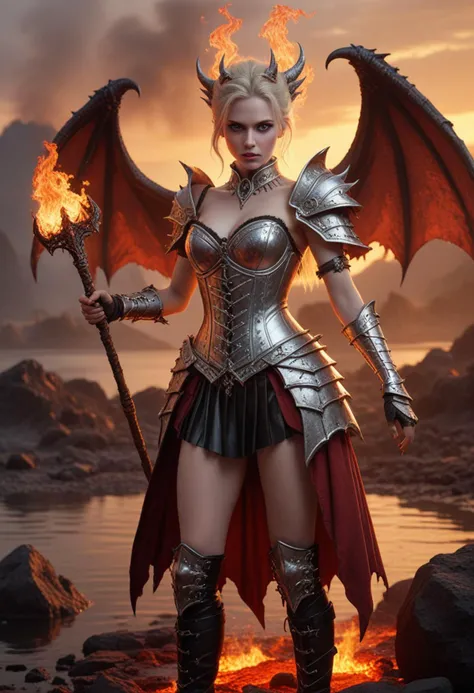 (medium full shot) of (fatal demon) young woman, swedish, blue eyes, fair skin, pale skin, glowing white eyes, willowy, short blonde french twist hair, wearing Silver-plated demon armor adorned with intricate engravings, a corset-style top, armored skirt, knee-high boots, twisted crown of bones, leathery red wings edged with ethereal flames, wielding a serrated hell axe, set in Lakeside Platform, Jagged rocks encircle a bubbling lake of molten lava, wisps of smoke rising from the fiery surface, the air heavy with the scent of sulfur , at sunset, surprised, open mouth, pointing her finger at the viewer, Masterpiece,best quality, photorealistic, amazing quality, very aesthetic, extremely detailed face,
