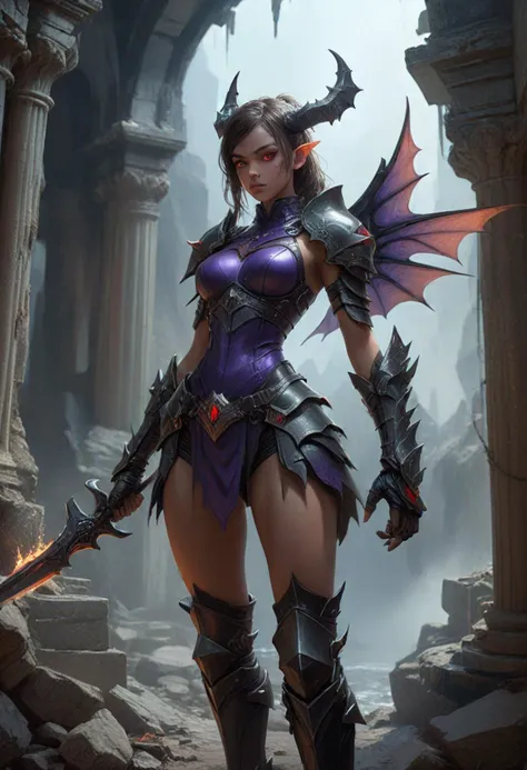 (medium full shot) of (vivacious demon with leathery and formidable Bat-like wings) young woman, Average build, short hazel Mullet hair, south african, dark skin, white eyes, wearing helm adorned with glowing red eyes, Dark purple armor, segmented breastplate, armored skirt, thigh-high stockings, stiletto-heeled boots, razor-sharp gauntlets, wielding a spiked heads flail, set in Chasm of Whispers, Bottomless abyss with swirling mist obscuring the depths below, faint whispers echoing off the walls, crumbling ruins jutting out from the sheer cliffs, a foreboding silence hanging in the air , at sunset, ,Masterpiece,best quality, photo, realistic, very aesthetic
