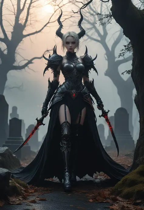 (medium full shot) of (attractive demon with black glass wings shrouded in a mist of darkness) young woman, Average build, short hazel hair, canadian, pale skin, glowing red eyes, wearing helm adorned with runes and sigils, Obsidian-black armor, armored skirt, thigh-high stockings, platform boots, spiked gauntlets serrated pauldrons, wielding an infernal power whip, set in Phantom Pathway, Twisting trail shrouded in dense fog, skeletal trees reaching towards the sky, faint whispers echoing through the mist, elusive shadows darting among the gravestones , at sunset, ,Masterpiece,best quality, photo, realistic, very aesthetic