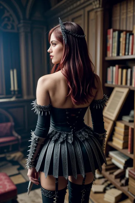 (summer:1.2),(in the afternoon:1.2),<lora:LCM_LoRA_Weights_SD15:1>,<lora:detail_slider_v4:1.5>,(attractive demon with black wings feathered with crimson streaks) middle-aged woman, Medium build, short red hair, persian, caramel skin, glowing white eyes, wearing diabolical mask, Sleek black armor adorned with silver filigree, a plunging neckline, armored skirt, thigh-high stockings, fur-lined boots, clawed gauntlets,spiked pauldrons, wielding a spiked heads flail, set in Library ruins, Dilapidated shelves filled with dusty books, tattered curtains billowing in the draft, antique furniture with clawed feet, eerie shadows dancing in the dim candlelight, whispered echoes of forgotten knowledge , at night,
aerial photography, drone photography, sweeping landscapes, unique perspectives, epic scale, capturing from above, revealing hidden beauty, showcasing vastness, immersive experience, precise compositions, expert piloting, dynamic angles, cinematic storytelling, showcasing natural wonders, aerial exploration,(full body portrait:1.3),(wide shot:1.3),from behind:1.1,