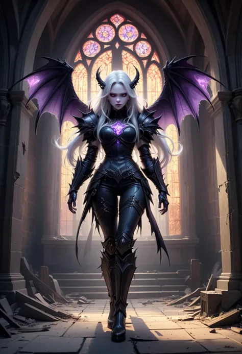 (medium full shot) of (fatal demon with black wings adorned with sinister glowing runes glowing) young woman, ite build, long white hair, korean, fair skin, white eyes, wearing skull helm, Dark purple armor, segmented breastplate, metallic pants, platform boots, serrated pauldrons, wielding a venomous trident, set in Spectral Chapel, Dilapidated structure with broken stained glass windows, rotting pews covered in cobwebs, ghostly apparitions kneeling in prayer, the faint sound of organ music echoing through the empty halls , at sunset, ,Masterpiece,best quality, photo, realistic, very aesthetic