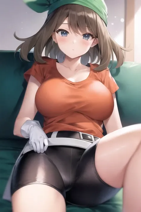 {{{{masterpiece}}}}}, {{{{best quality}}}}, {{high resolution illustration}}, {{highres}}, {{{intricate details}}}, {{{extremely delicate illustration}}}, {{{ultra detailed}}}, {/(large breasts), 1girl, pokemon_\(game\), (may_\(pokemon\):1.2), <lora:mayPokemon_v10:0.4>, green bandana, orange t-shirt, (Black cyclist shorts), (green belt), white gloves, black fingers, sitting on a couch, sugimori ken \(style\), Maypokemon, <lora:pokemonLoraKenSugimori_2:0.1>