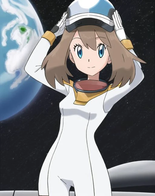 sugimori ken \(style\) 1girl, Maypokemon, brown hair, blue eyes, posing in a space suit, breasts, astronaut, holding helmet, uniform, flag, patches, NASA, computers, rocket, <lora:kensugimori:0.5> <lora:May:0.8>