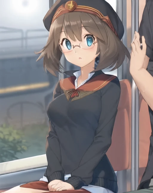 1girl, Maypokemon as Harry Potter, short brown hair, blue eyes, (round glasses), gray sweater, breasts, (gryffindor logo), sitting on a train, looking at camera, shocked expression, <lora:May:0.9>